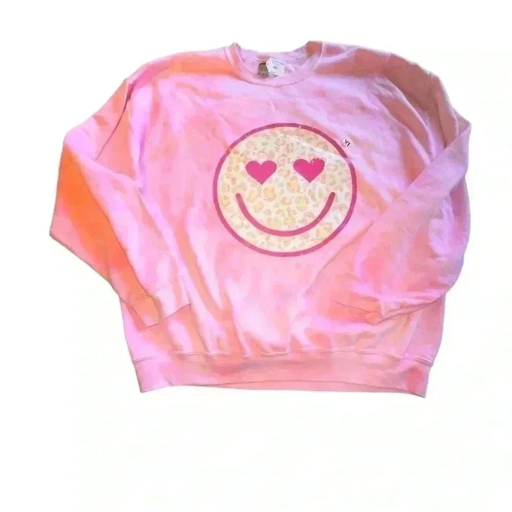 Gildan XL hand dyed pink custom sweatshirt.‎ NWT. Leopard smiley face.